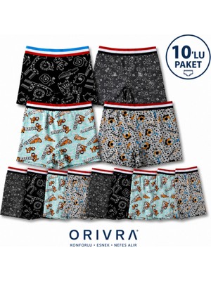 Orivra 10'lu Erkek Çocuk Boxer Seti Pamuklu Esnek Desenli İç Çamaşırı Paketi