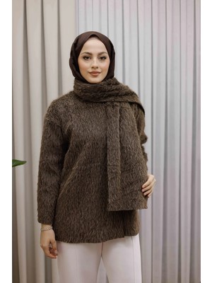 Moonsc Kadın Regular Fit Atkı Detaylı Standart Beden Tesettür Peluş Kahverengi Ceket