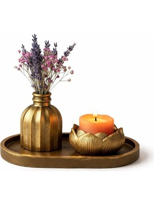 Lotus Tealight Mumluk ve Mini Vazo Seti – Dekoratif Tepsi Üzerinde Altın Renk Mumluk Seti, Masa