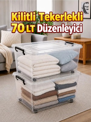 Loremp 2’li Set 70 Lt Kilitli Tekerlekli Saklama Kutusu Şeffaf Düzenleyici Kutu Battaniye Yorgan Oyuncak Depolama Kabı