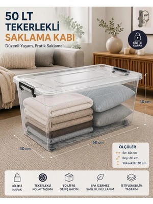 Loremp 50 Litre Tekerlekli Kilitli Şeffaf Saklama Kutusu – Büyük Boy Depolama ve Düzenleme Kabı 2 Adet