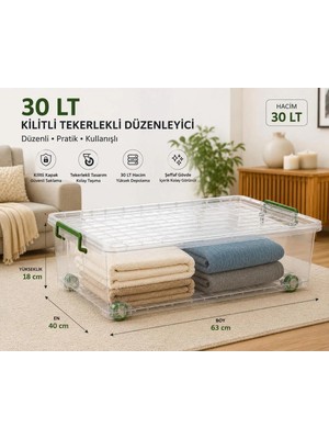 Loremp 3’lü Set 30 Lt Kilitli Tekerlekli Saklama Kutusu Şeffaf Yatak Altı Düzenleyici Kutu 63X40X18 cm