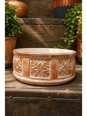 Çiçek Desenli Taş Saksı 25 cm Çap 12 cm Yükseklik