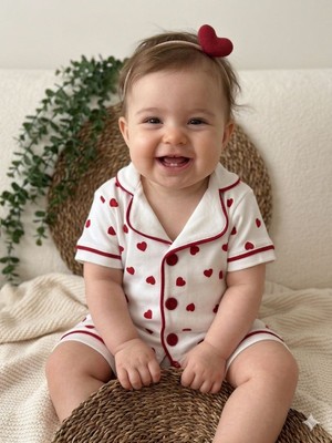 Tuem Baby %100 Pamuk Kız Bebek Kırmızı Kalp Desenli Kısa Kollu Şortlu Pijama Takımı(Ölçüleri Açıklamada)