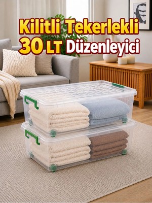 Loremp 2’li Set 30 Lt Kilitli Tekerlekli Saklama Kutusu Şeffaf Yatak Altı Düzenleyici Kutu 63X40X18 cm