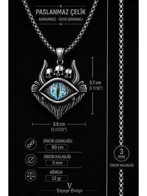 Voyage Accessory Mavi Ejderha Gözü Kolye Gotik Kafatası Detaylı Paslanmaz Çelik Kolye