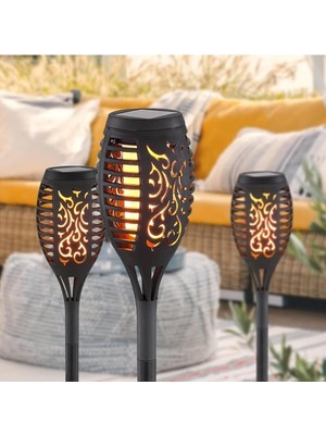 Alev Efektli Bahçe Aydınlatma Lambası 1 Adet Saplamalı LED Meşale Otomatik Solar Güneş Enerji