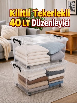 Loremp 2’li Set 40 Lt Kilitli Tekerlekli Saklama Kutusu Şeffaf Düzenleyici Depolama Kutusu