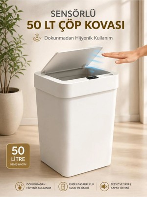 Loremp 50 Lt Sensörlü Akıllı Çöp Kovası Dokunmadan Açılan Otomatik Kapaklı Pilli Hijyenik Çöp Kutusu Beyaz