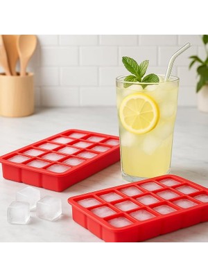 Store 15'li Silikon Buz Kalıbı 2'li Set – Kırmızı, Esnek ve Kolay Çıkan Buzluk Kalıbı, G�