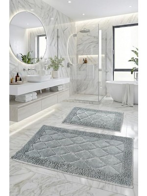 Yumuşacık, Süper Emici 2'li 100% Pamuk Ultra Lüks Banyo Paspası Seti, 60X100 Cm, Gri - Mavi