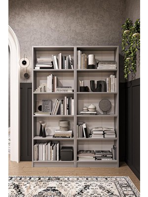 Trend Kül Gri K003 10 Raflı Geniş Kitaplık 112 cm Modern Kütüphane Dar Alan UYUMLU%100 Mdflam