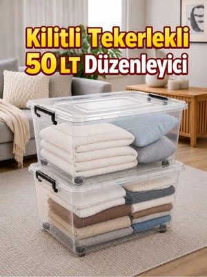 Loremp 50 Litre Tekerlekli Kilitli Şeffaf Saklama Kutusu – Büyük Boy Depolama ve Düzenleme Kabı 2 Adet