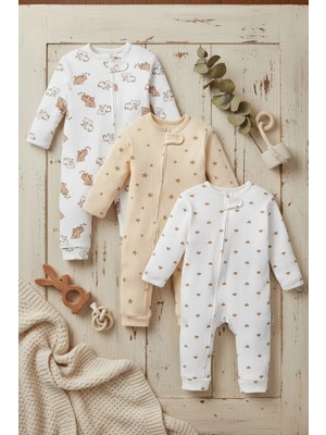 Mou&kou Unisex Bebek Tulum 3’lü Set 9-18 Ay Fermuarlı Pamuklu Ribana Ayıcık Yıldız Desenli