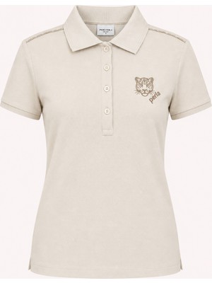 Piero Perla Kontür Jaguar Nakış Detaylı Slim Fit Kadın Sütlü Kahve Polo Yaka T-Shirt