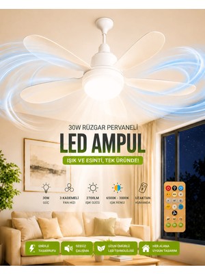Formzen 30W Uzaktan Kumandalı Rüzgar Pervaneli Tavan Vantilatörlü Ampul 3 Renkli LED Ledli Avize E27 Duy