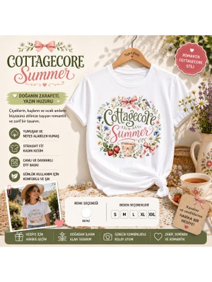 Tişört Kodu Cottagecore Summer Kadın Tişört – Çiçekli ve Vintage Yaz Temalı Straight Fit Tişört