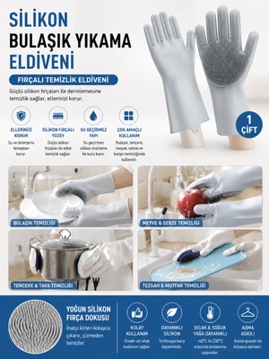 Mersi Shop Silikon Bulaşık Yıkama Eldiveni Fırçalı Temizlik Eldiveni Çok Amaçlı