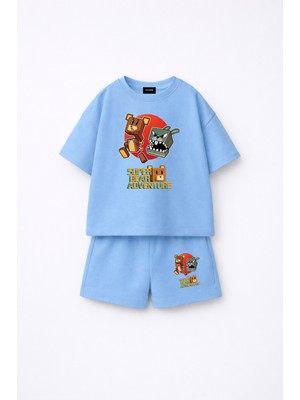 Fasardi Super Bear Adventure Süper Ayı Baskılı Oversize %100 Pamuk Tişört Şort 2li Çocuk Takım