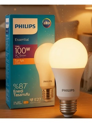 Philips Essential 13W -100W 1521 Lumen  2700K  Sarıışık  %87 Enerjı Tasarufu