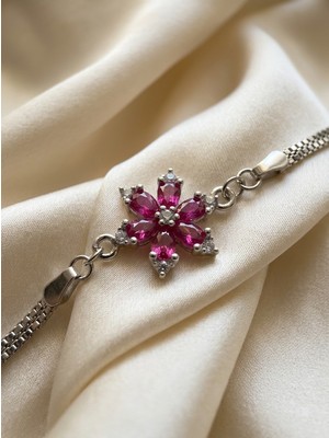 Aytekin Jewelry Koyu Pembe Renk Taşlı Çiçek Bileklik 925 Ayar Gümüş