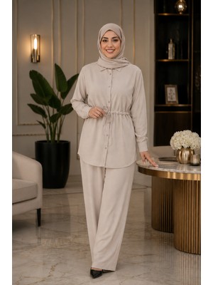 Esra Butik Ince Tensel Kumaş Bel Büzgülü Pantolonlu Tesettür Takım - Taş & Vizon Renk
