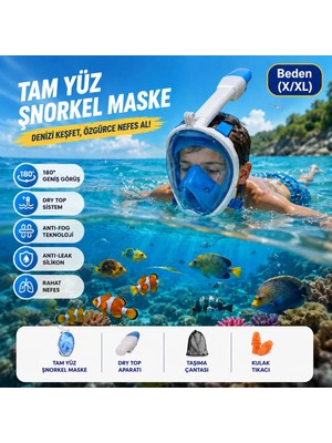 Hymark Tam Yüz Şnorkel Maske (X-Xl) Beden Panoramik Görüşlü Deniz Gözlüğü Dry Top Sistem Şnorkel Seti