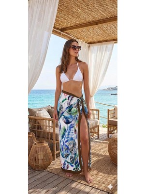 Nazzain Antik Figür Bağlamalı Yırtmaçlı Pareo Plaj Eteği Bikini Üstü Plaj Giyim Yazlık Beachwear