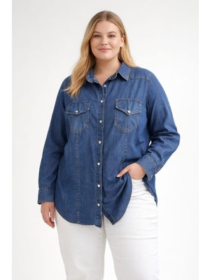 Çınar Butik Büyük Beden Bayan Denim Gömlek