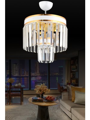 UltraMint Modern 3'lü 2 Katlı Beyaz Gold Yaldızlı Kristal Avize Seti