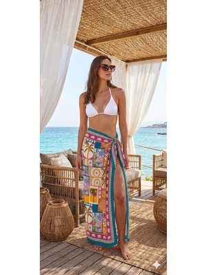 Nazzain Etnik Desen Bağlamalı Yırtmaçlı Pareo Plaj Eteği Bikini Üstü Plaj Giyim Yazlık Beachwear