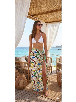 Nazzain Zincir Desen Bağlamalı Yırtmaçlı Pareo Plaj Eteği Bikini Üstü Plaj Giyim Yazlık Beachwear