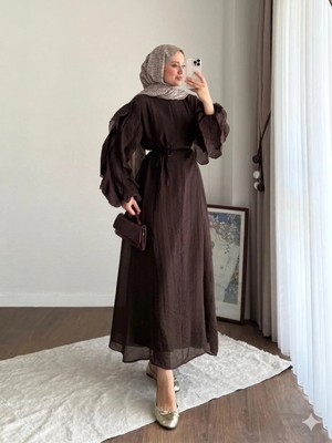 Miraydin Butik Kadın Kolu Fırfırlı Modal Elbise M2648 -  Kahverengi