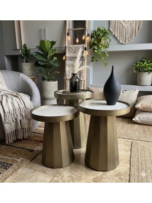 Shade Design Vetra Calcalıo Bronz Eskitme Seramik Zigon Sehpa 3’lü Set – Ultra Mdf Modern Yan Sehpa