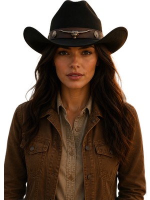Kadın Siyah Kovboy Şapkası Western Stil Geniş Kenarlı Premium Country Şapka