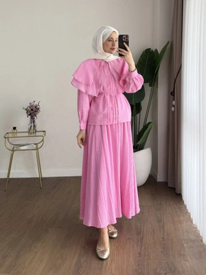 Miraydin Butik Kadın Dantel Yakalı Begonya Gömlekli Etekli Takım M2667 - Pembe