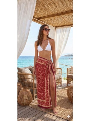 Nazzain Kilim Desen Bağlamalı Yırtmaçlı Pareo Plaj Eteği Bikini Üstü Plaj Giyim Yazlık Beachwear