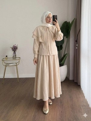 Miraydin Butik Kadın Dantel Yakalı Begonya Gömlekli Etekli Takım M2667 - Bej