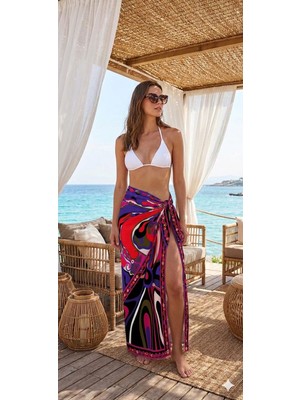 Nazzain Pucci Sunset Bağlamalı Yırtmaçlı Pareo Plaj Eteği Bikini Üstü Plaj Giyim Yazlık Beachwear