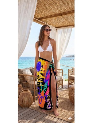 Nazzain Miami Pop Bağlamalı Yırtmaçlı Pareo Plaj Eteği Bikini Üstü Plaj Giyim Yazlık Beachwear