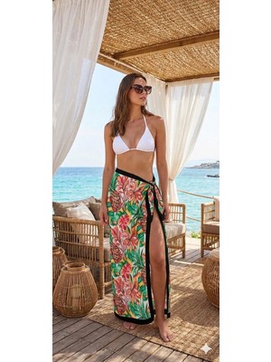 Nazzain Tropikal Desen Bağlamalı Yırtmaçlı Pareo Plaj Eteği Bikini Üstü Plaj Giyim Yazlık Beachwear