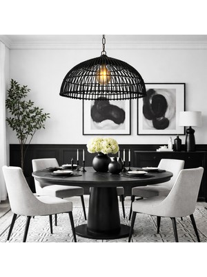 UltraMint Şık Siyah Rattan ve Bambu Sarkıt Avize, 40 cm Çap