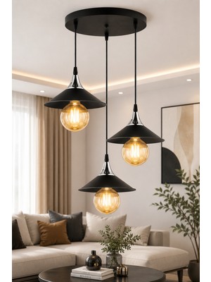 UltraMint Modern Siyah Metal 3'lü Sarkıt Avize, Tavan Aydınlatması