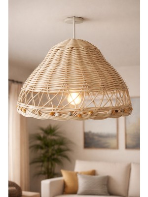 UltraMint El Yapımı Bambu Rattan Avize, Deniz Kabukları Tasarımlı Sarkıt Aydınlatma