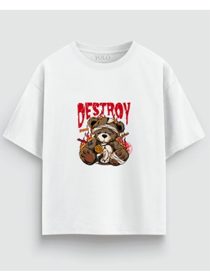 Yolo Street Oversize Unisex Siyah Tişört – Destroy Ayı Baskı, %100 Pamuk Streetwear Tasarım