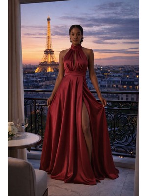 WisteriA Aura Bordo Halter Yaka Derin Yırtmaçlı Saten Abiye