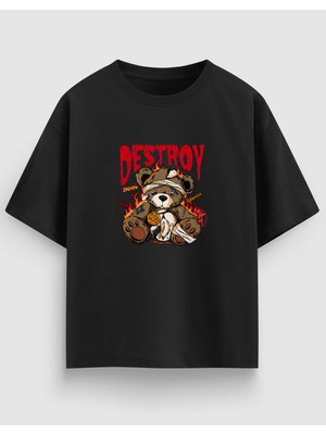 Yolo Street Oversize Unisex Siyah Tişört – Destroy Ayı Baskı, %100 Pamuk Streetwear Tasarım