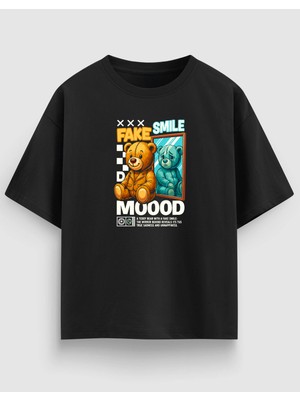 Yolo Street Oversize Unisex Siyah Tişört – Fake Smile Ayı Baskı, %100 Pamuk Streetwear Tasarım