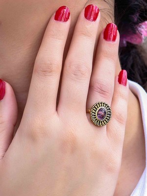 Esha Store Doğal Taş Ametist Doğal Taşlı Antik Model Kadın Ayarlanabillir Yüzük EUY74AMT