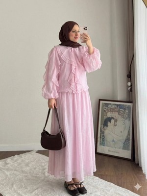 Miraydin Butik Kadın Önü Fırfırlı Modal Etekli Takım M2640 - Pembe